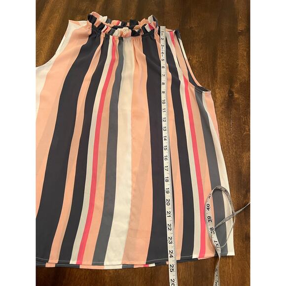 LOFT Women’s Blue Pink Stripe Sleeveless Ruffle High Neck Blouse Size Small - Picture 9 of 9